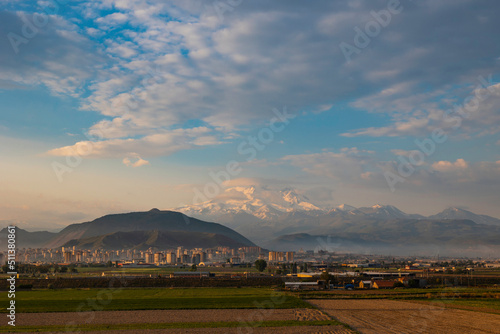 Kayseri view with Mount Erciyes at sunrise. Cityscape of Kayseri in Turkey