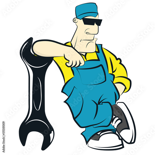 Handyman brutal and funny. Repair worker in uniform with a wrench. Repair and service humorous