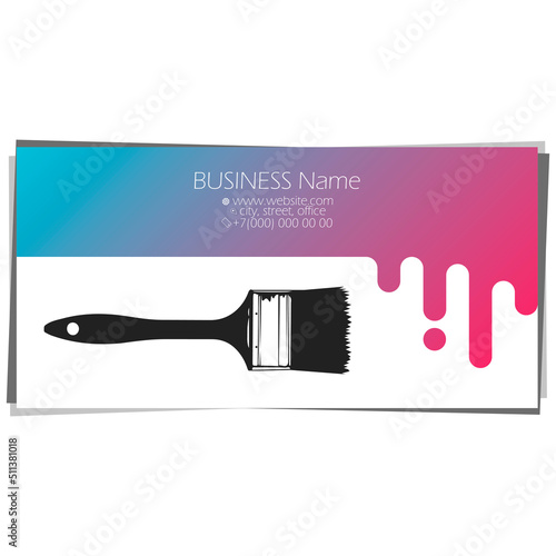 Business card for a painter. Paint brush and paint drops. Painting and color restoration