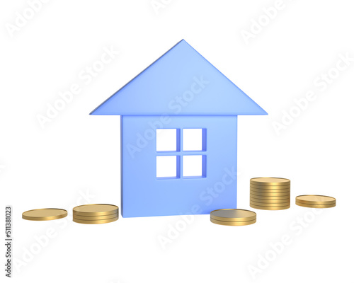 3d house with gold coins icon isolated on white background. 3D rendering