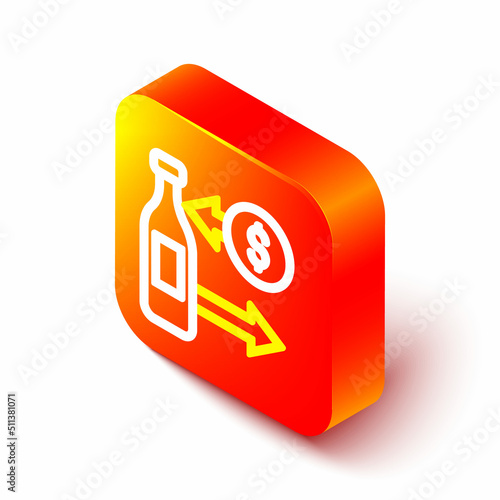 Isometric line Reception and sale of glass bottles icon isolated on white background. Orange square button. Vector