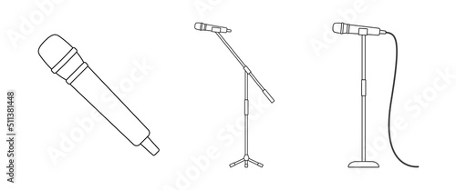 Set of black outline vocal microphones isolated on white background. Vector illustration