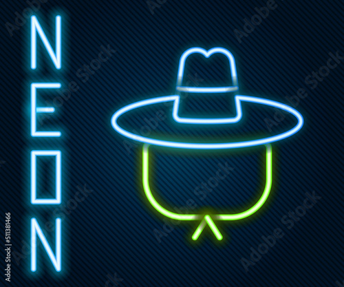 Glowing neon line Camping hat icon isolated on black background. Beach hat panama. Explorer travelers hat for hunting, hiking, tourism. Colorful outline concept. Vector