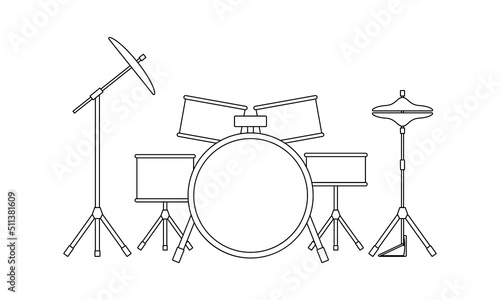 Black outline drum kit isolated on white background. Vector illustration