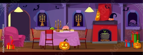Interior of a room decorated for Halloween party. Pumpkins, a cauldron with a potion, candles, a witch hat, sweets on a table, bats, and web. Background for an app or a game, vector illustration. © Microstocker.Pro
