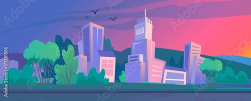 Panoramic view of beautiful summer city sunset or a down from the park