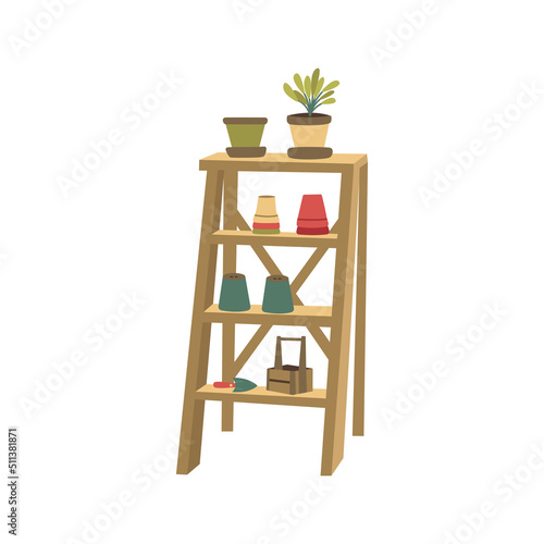 Wooden rack with shelves for storing garden tools, pots and other equipment. Shelving for organizing household items. Colorful vector isolated illustration hand drawn
