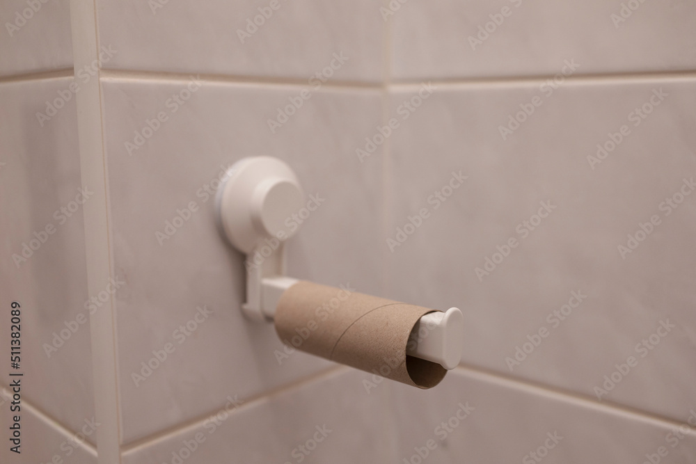 Empty toilet roll on toilet paper holder. WC, restroom, lavatory and bathroom detail. Very shallow focus and depth of field. Empty toilet roll on toilet paper holder. WC, restroom, lavatory and bathroom detail. Very shallow focus and depth of field.