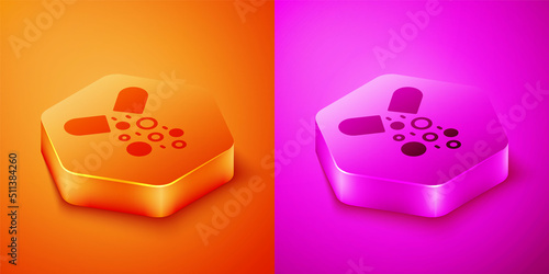 Isometric Poisoned pill icon isolated on orange and pink background. Pill with toxin. Dangerous drug. Hexagon button. Vector
