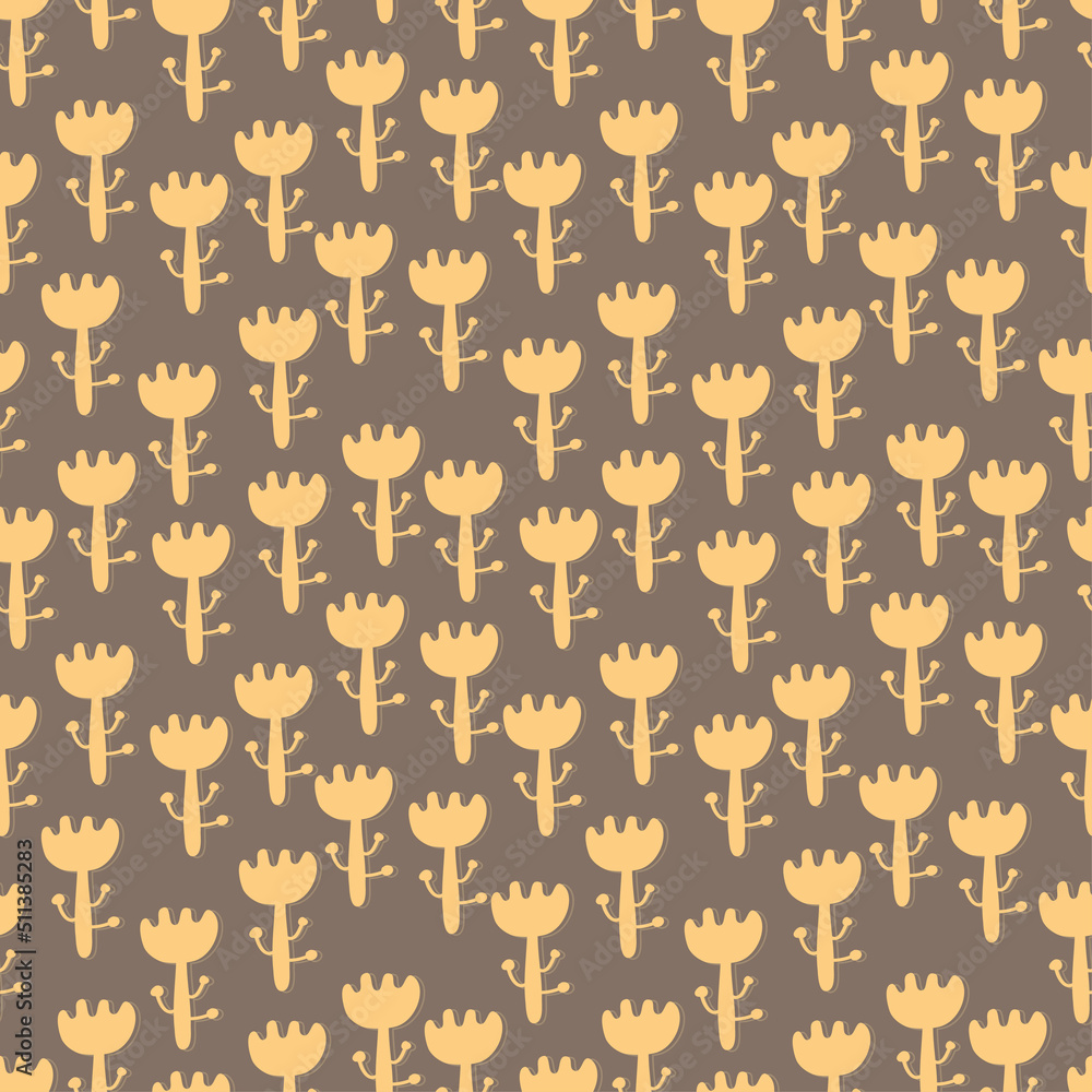 Boho style simple flowers background. Cartoon drawing yellow seamless floral pattern. Scandinavian folk style. For fabric, cards, wallpaper, home decor. Boho style simple flowers background. Cartoon drawing yellow seamless floral pattern. Scandinavian folk style. For fabric, cards, wallpaper, home decor.