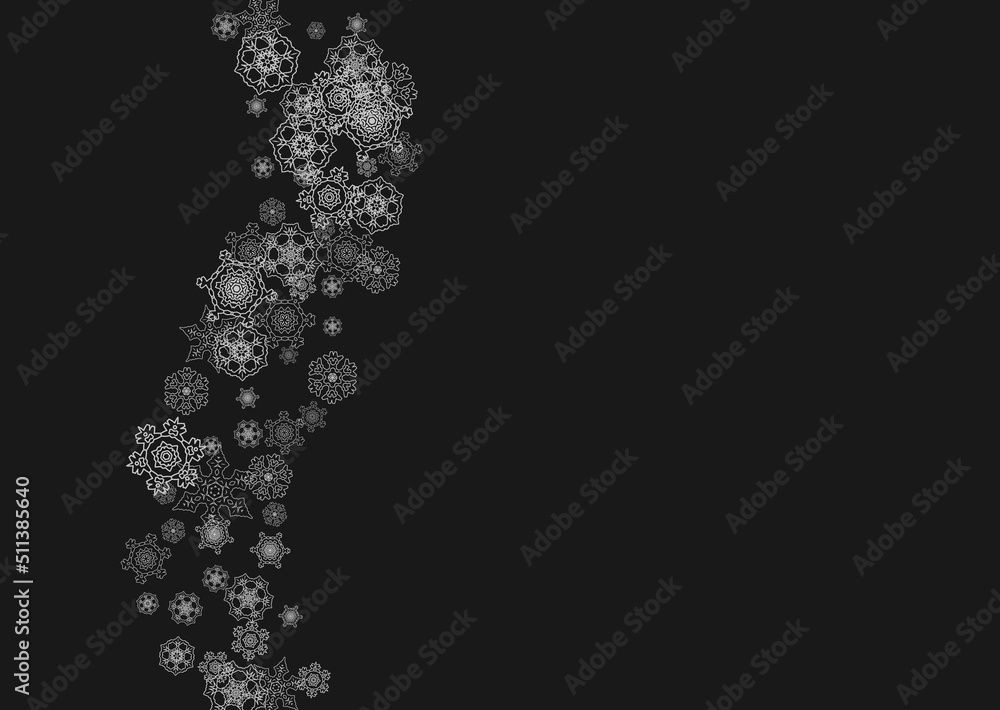 Silver snowflakes frame on black background. Horizontal shiny Christmas and New Year frame for gift certificate, ads, banners, flyers. Falling snow with glitter silver snowflakes for party invite Silver snowflakes frame on black background. Horizontal shiny Christmas and New Year frame for gift certificate, ads, banners, flyers. Falling snow with glitter silver snowflakes for party invite