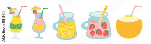 Tropical cocktail set. Collection of fresh fruits cocktails on white background. Set of tasty fresh squeezed juices.