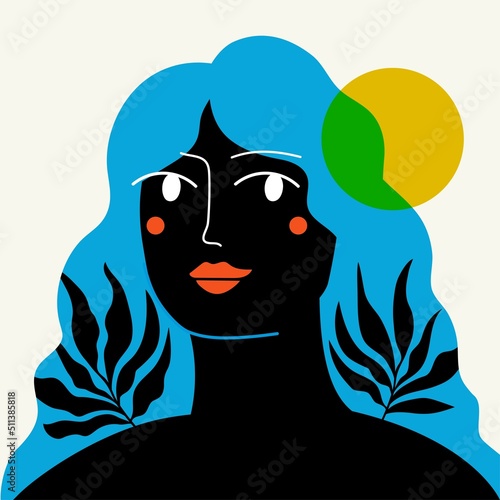 Vector illustration with blue long hair woman with floral twigs ans yellow sun. Trendy print design, home decoration poster