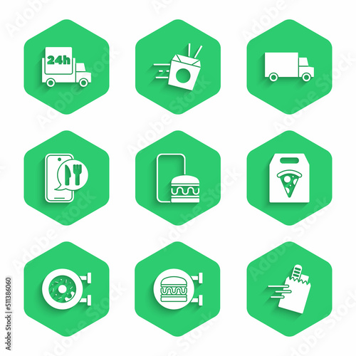 Set Online ordering and delivery, burger, pizza, Donut, Fast by car and icon. Vector