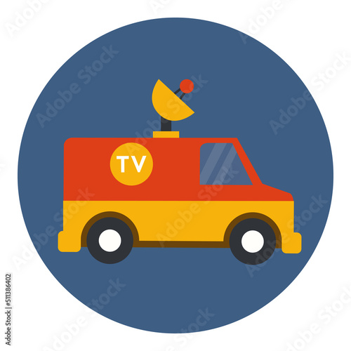 Television car icon. Minibus with satellite. TV news transport. Central TV van. Flat icon in circle isolated on white background. Vector icon