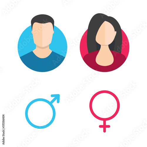 Male and female icon set. Boy and girl WC symbols. Gentleman and lady toilet sign. Man and woman user avatar. Flat icon in circle isolated on white background. Vector element