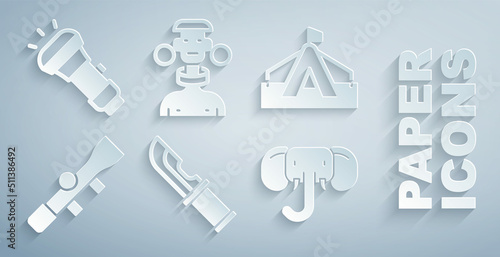 Set Hunter knife, Tourist tent, Sniper optical sight, Elephant, African tribe male and Flashlight icon. Vector