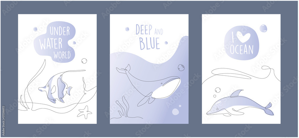 One line marine poster set. Underwater outline fish. Line art ocean and sea life postcard collection.