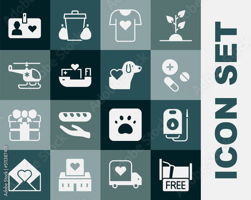 Set Free overnight stay house, Blood donation, Medicine pill or tablet, Clothes, Humanitarian ship, Rescue helicopter, Volunteer id card badge and Heart with dog icon. Vector