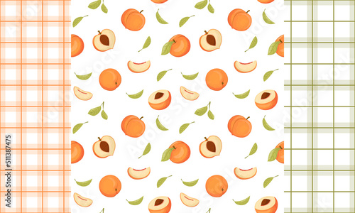 Seamless pattern with peaches, set of vector peaches. Summer fruit collection. Fresh garden fruit doodle, organic organic vegan products.	