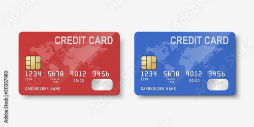 Vector 3d Realistic Red and Blue Blank Credit Card with Map Isolated. Design Template of Plastic Credit or Debit Card for Mockup, Branding. Credit Card Payment Concept. Front Side