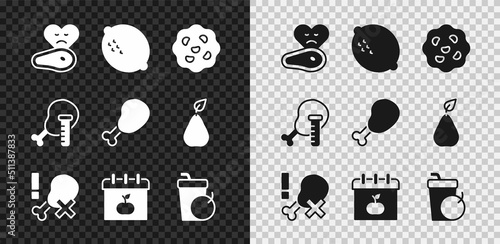 Set Steak meat, Lemon, Cookie or biscuit, No chicken leg, World Vegetarian day, Fresh smoothie, Genetically modified and Chicken icon. Vector