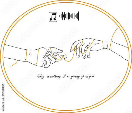 Woman and man's hand are binding with  thread of love destiny. thread of fate on hands of lovers. Illustration for Valentine's day, wedding, marriage, soulmate couple.