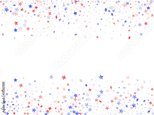 Flying red blue white star sparkles on white vector american patriotic background.