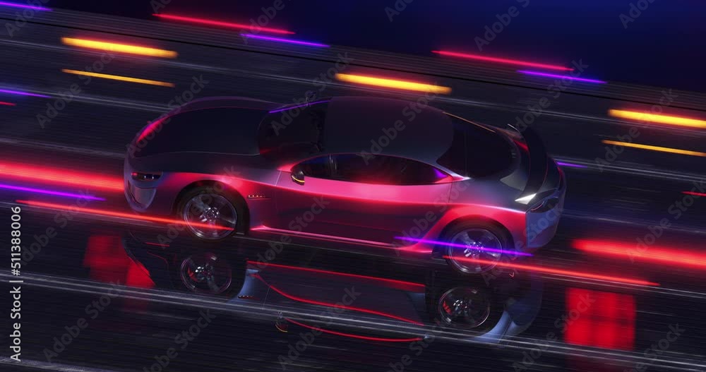 Concept Electric Super Car Speeding Up On Highway. Moving Lights Around. Technology And Industry Related 3D Animation Concept Electric Super Car Speeding Up On Highway. Moving Lights Around. Technology And Industry Related 3D Animation