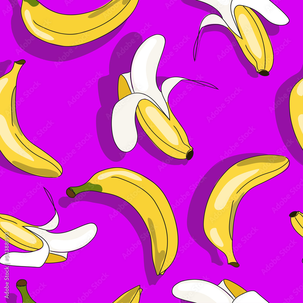 Colorful summer bananas seamless pattern on purple background vector fruit illustration.Cartoon bananas seamless pattern for textile,wallpaper design. Colorful summer bananas seamless pattern on purple background vector fruit illustration.Cartoon bananas seamless pattern for textile,wallpaper design.