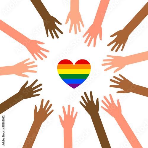 Many hands of different skin colors pull to the heart in the rainbow colors of the lgbt flag in flat. African american diverse people supporting LGBTQ community. Pride Month design. Gay and Lesbian