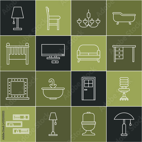 Set line Table lamp, Office chair, desk, Chandelier, Smart Tv, Baby crib cradle bed, and Sofa icon. Vector