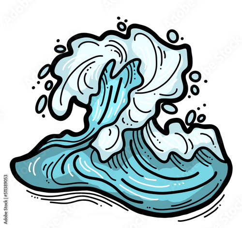 Sea wave, powerful splash energy of nature. Nautical ocean theme with ocean storm, summer holiday. For surfing and sailing decoration element. Hand drawn illustration. Old comic cartoon style drawing.