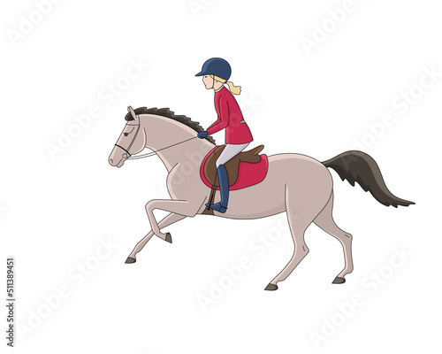 Fototapeta Naklejka Na Ścianę i Meble -  Cute girl rides a pony, children's equestrian sport