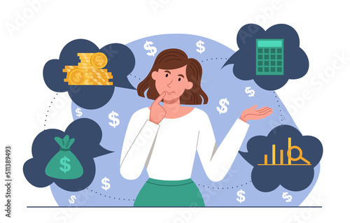 Thinking about finances. Girl evaluates financial income. Family budget and savings, choosing best investment strategy. Working with statistics, graphs and diagrams. Cartoon flat vector illustration