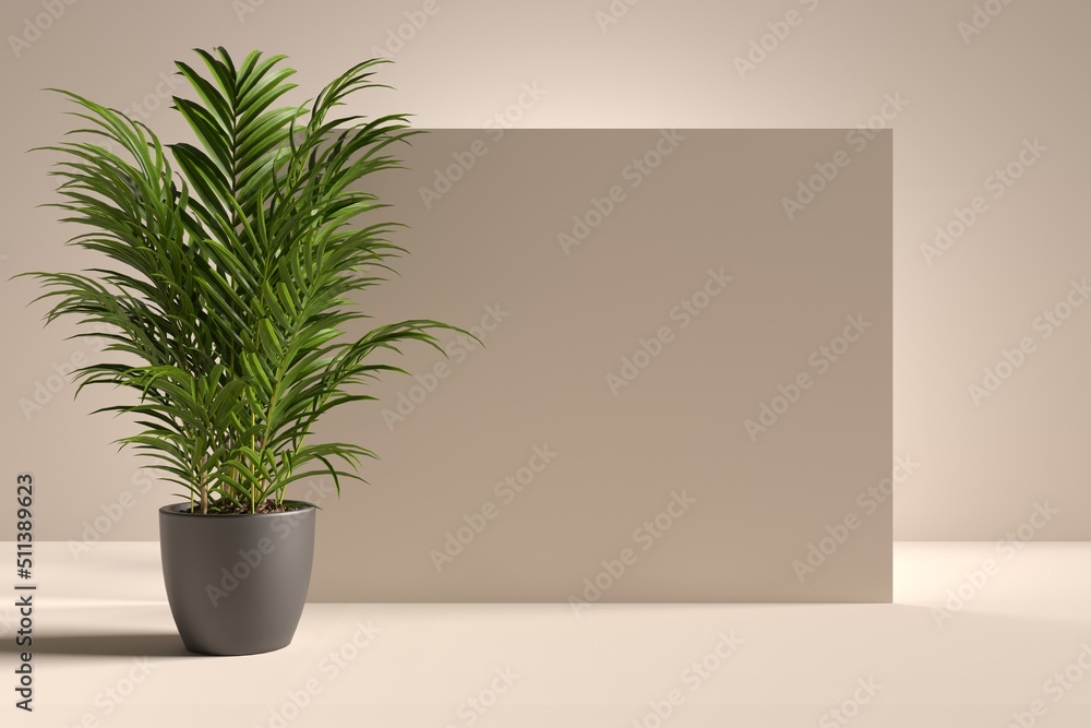 Fototapeta premium Abstract beige background with palm tree leaves and copy space