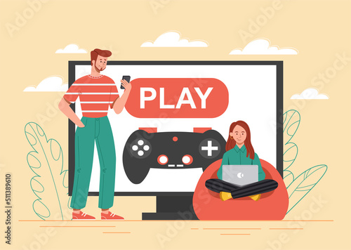 Video game concept. Boy with joystick and girl with laptop at home. Friends rest after studying with gadgets and devices. Modern entertainment and digital world. Cartoon flat vector illustration