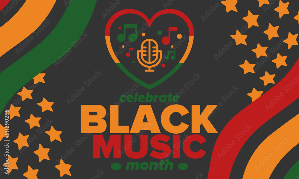 Black Music Month in June. African-American Music Appreciation Month. Celebrated annual in United States. Music concept. Poster, card, banner and background. Vector illustration Black Music Month in June. African-American Music Appreciation Month. Celebrated annual in United States. Music concept. Poster, card, banner and background. Vector illustration