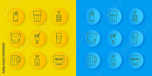 Set line Wooden beer mug, Glass of rum, Cocktail, Alcohol bar location, Bloody Mary, Whiskey bottle and with water icon. Vector