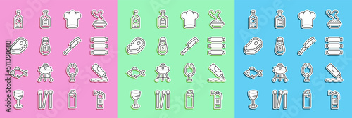 Set line Fire extinguisher, Ketchup bottle, Sausage, Chef hat, Salt, Steak meat, Tabasco sauce and Meat chopper icon. Vector