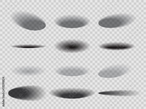 Round oval realistic transparent shadow effects, vector isolated shades of objects. Black and white transparent shadows with soft shades form side, bottom and top surface overlay