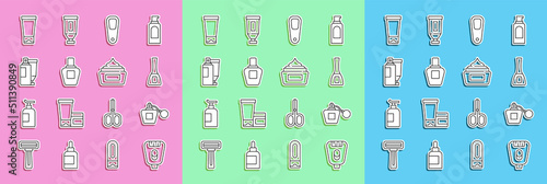 Set line Epilator, Perfume, Nail polish bottle, Pumice for feet, Cream lotion cosmetic tube, and icon. Vector