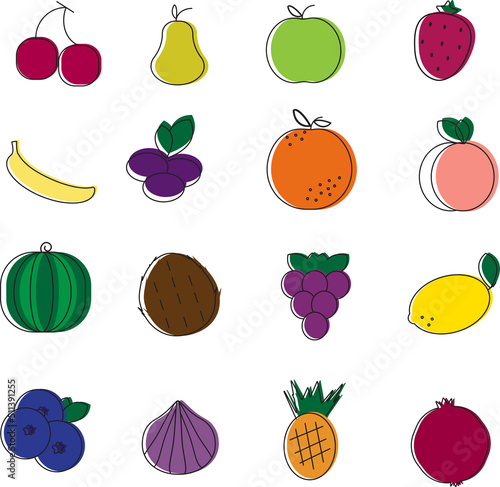 Fototapeta Naklejka Na Ścianę i Meble -  Set of sixteen fruits icons on white background, isolated. Healthy food concept. Vector illustration.