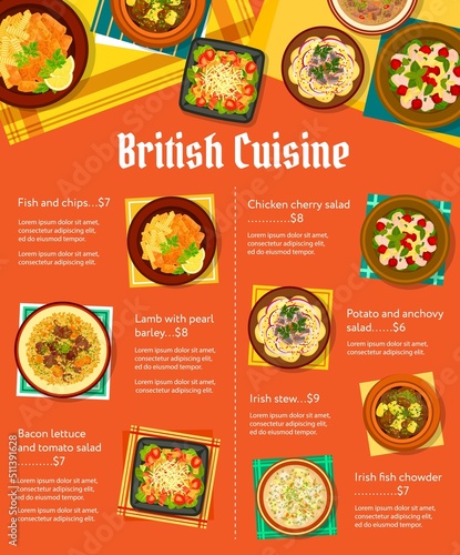 British cuisine menu template. Kidney soup, fish with chips and salad with potato and anchovy, lamb with pearl barley, Irish stew and Irish chowder, tomato salad with bacon, chicken cherry salad