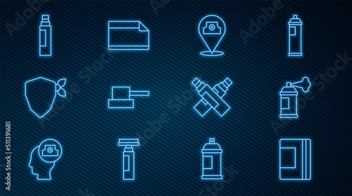 Set line Spiral notebook, Paint spray can, Spray nozzle cap, Vandal, Marker pen, and Paper adhesive sticker icon. Vector