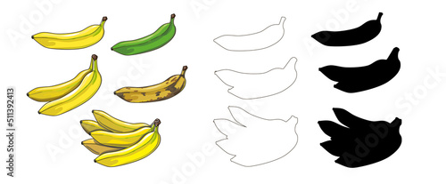 Banana set in cartoon style, black silhouette and outline style. Unripe, ripe and spoiled bananas and a bunch of bananas. Tropical fruits. Stock vector illustration isolated on a white background.