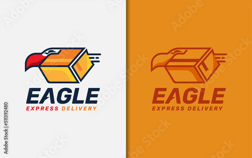 Eagle Express Delivery Logo Design with Eagle Head and Delivery Box Combination Concept.