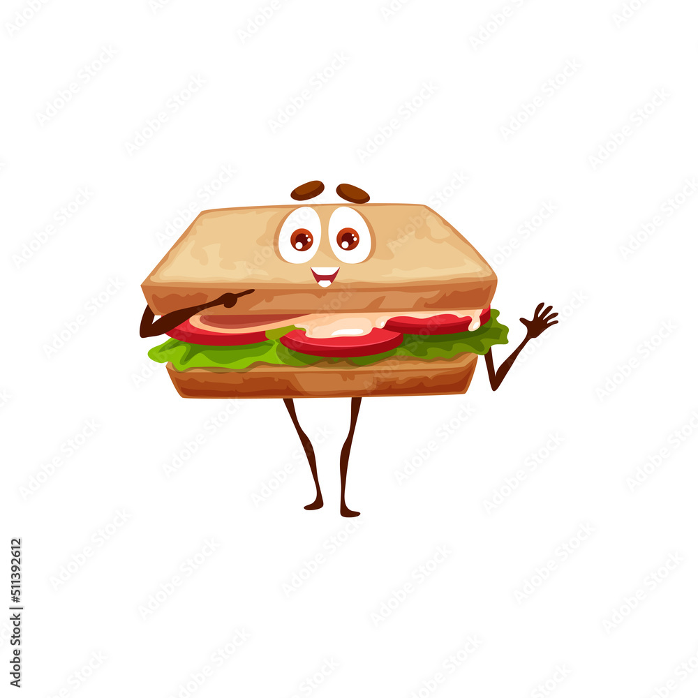 Vetor de Funny sandwich character with smile, kids food personage with