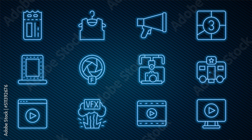 Set line Online play video, Actor trailer, Megaphone, Camera shutter, Makeup mirror with lights, Cinema ticket, Gimbal stabilizer camera and Sleeveless T-shirt icon. Vector