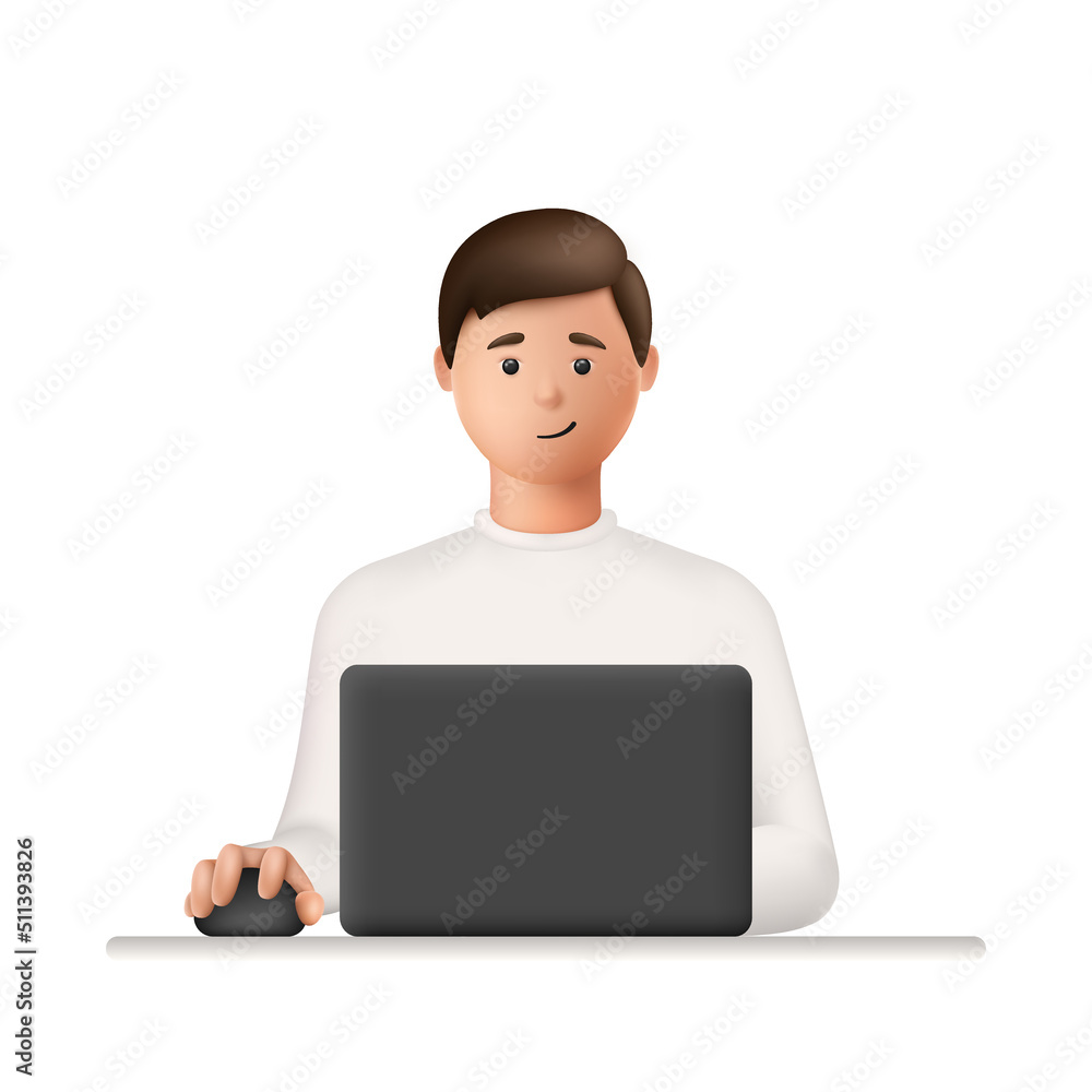 Young man working and studying on laptop computer. 3d character Isolated on white background. Online learning or remote work concept. Vector Illustration Young man working and studying on laptop computer. 3d character Isolated on white background. Online learning or remote work concept. Vector Illustration